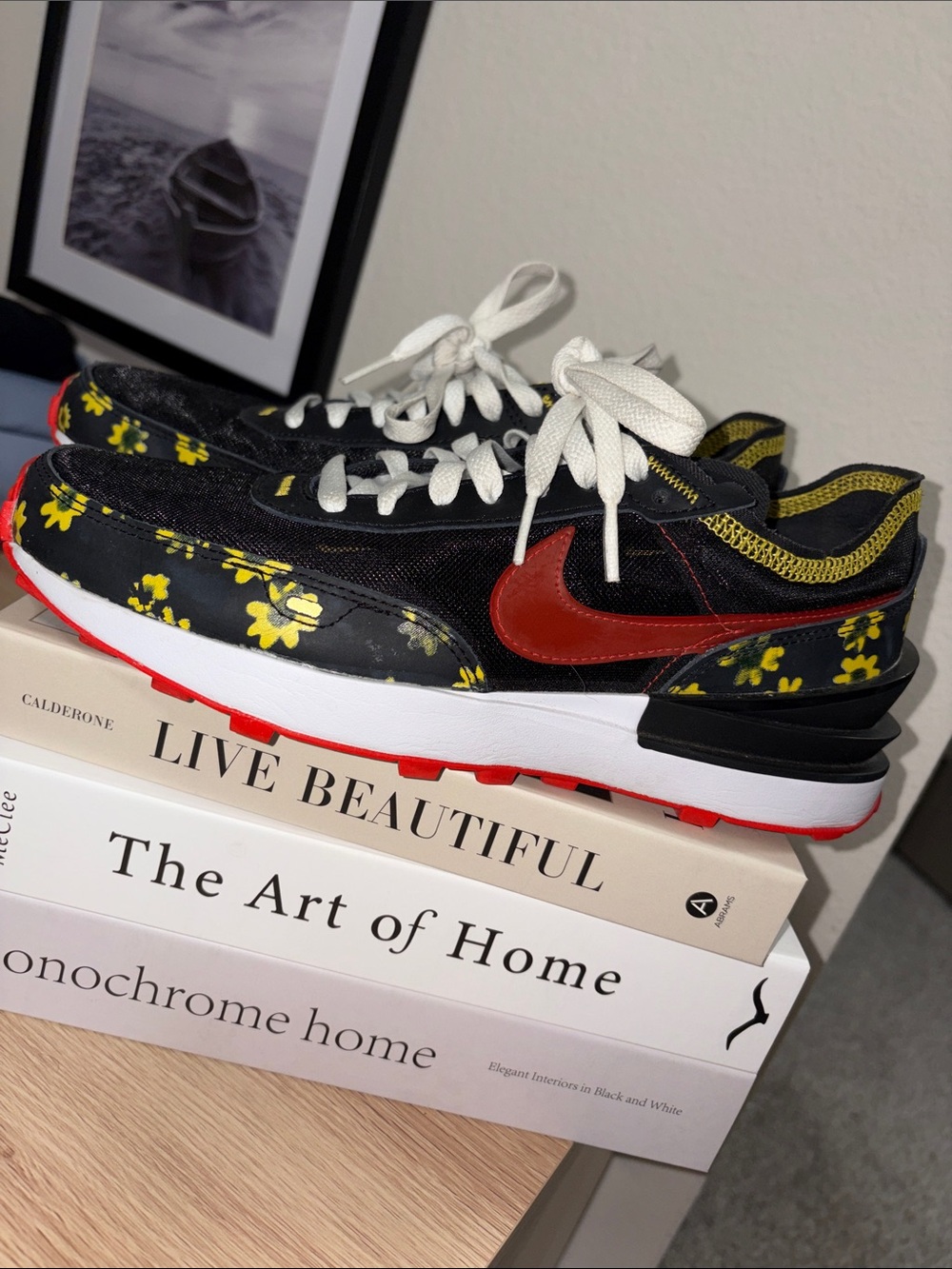 Nike Black Sneakers with Yellow Floral Print and Red Swoosh